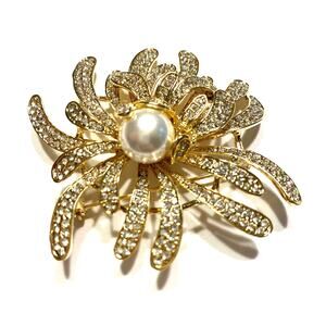 Runway Statement Gold Splash Brooch White Rhinestones & Faux Pearl Bead Mod Art